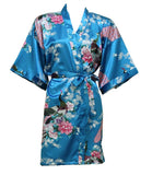 Women's Kimono Silk Satin Bath Wrap Robe - Peacock &amp; Blossom Design, Short